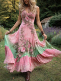 Vintage Gradient Pink Roses And Floral Cancer Awareness Embroidered Linen Maxi Dress elevenforest