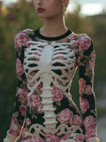 Comstylish Women's Vintage Halloween Skeleton Bones With Rose Art Cozy Knit Mini Sweater Dress