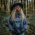 Women's Viking Tribal Jacquard Celtic With Rose And Skull Inspired Chunky Knit Hooded Sweater elevenforest