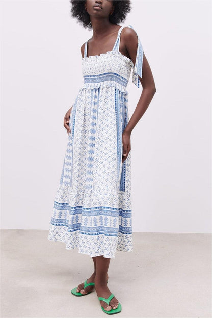 Lace Up Smocking Frill Midi Dress