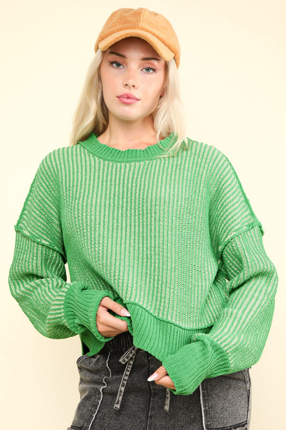 Magdalena® | Short, striped slit sweater with visible seams