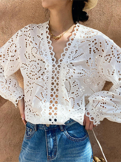 Long Sleeves Loose Hollow See-through Color Split-joint V-neck Blouses&shirts Tops