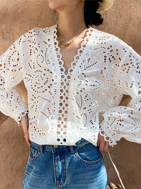 Long Sleeves Loose Hollow See-through Color Split-joint V-neck Blouses&shirts Tops