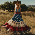Women's Vintage Independence Day Flag Floral Patch Dress elevenforest