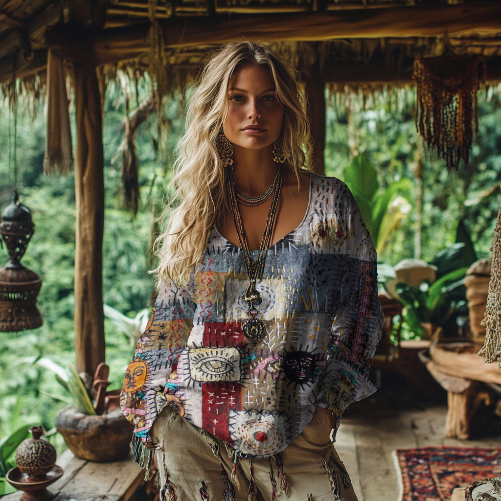 Comstylish Retro Bohemian Resort Patchwork Art Print Cotton And Linen Blend Loose Blouse
