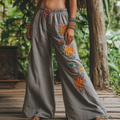 Bohemian Holiday Style Retro Linen Bohemian Leaf Ethnic Totem Print Linen Long Loose Wide-leg Pants elevenforest