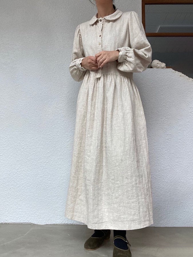 Women's Casual Cotton and Linen Long Sleeve Dress