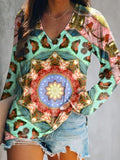 Women's Casual Vintage Bohemian Floral Art Print V Neck Long Sleeve To