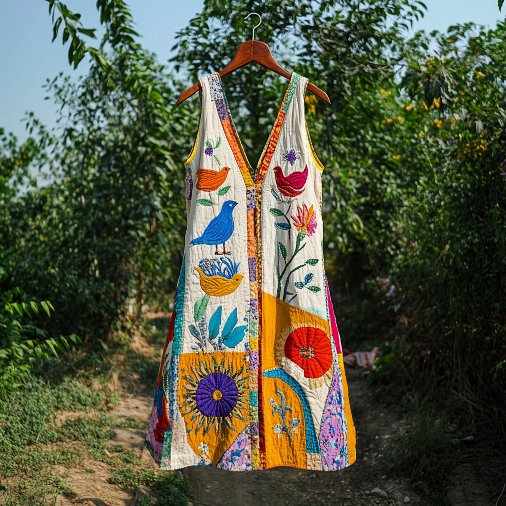 Women's Vintage Bird And Flower Art Print Cotton And Linen Dress elevenforest