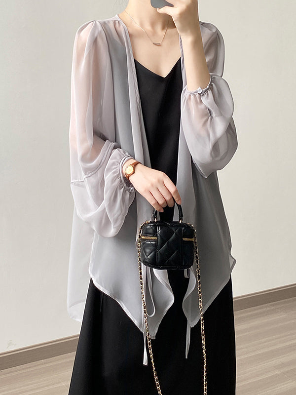 Bishop Sleeve Long Sleeves See-through Split-joint Tied Collarless Blouses&shirts Tops