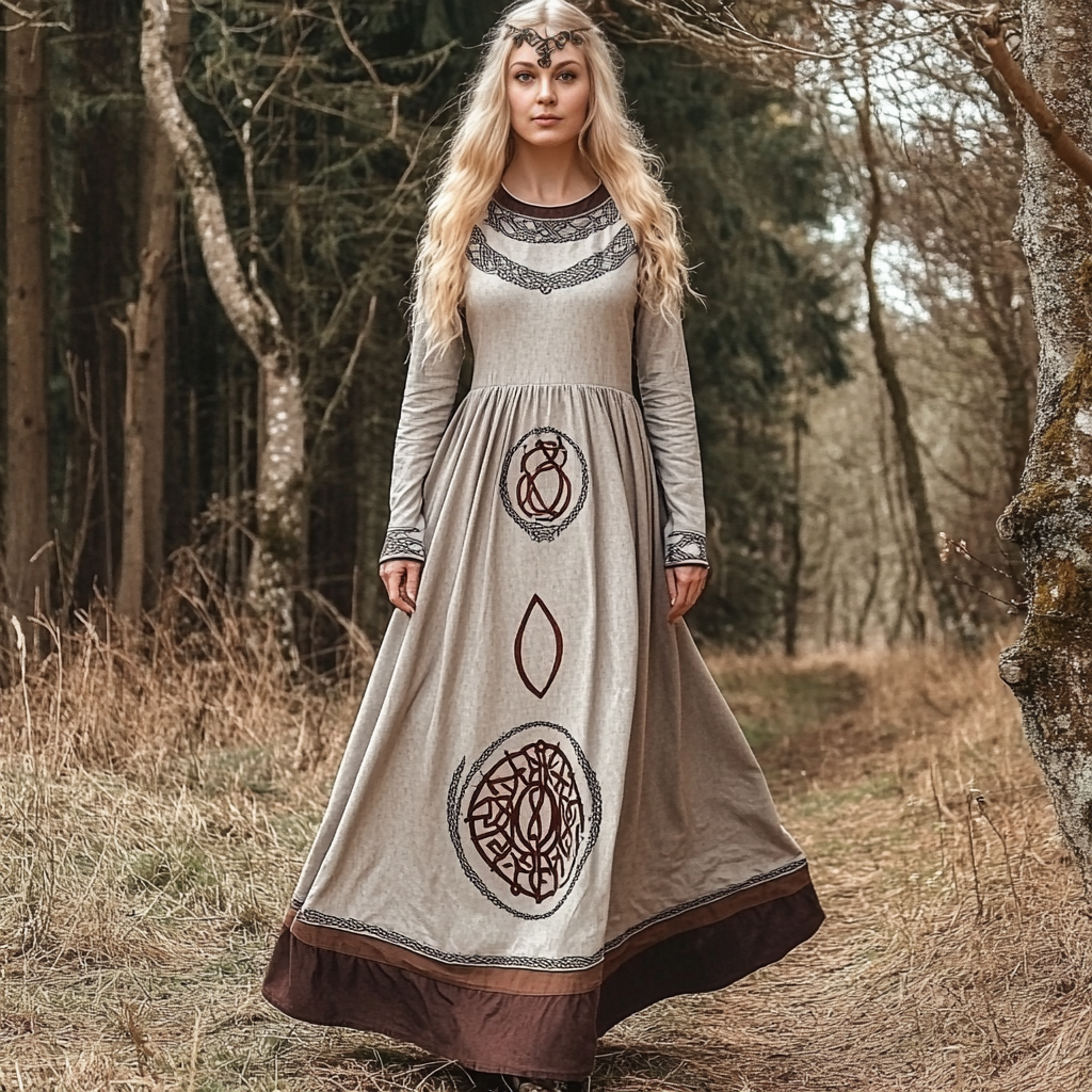 Vintage Viking Celtic Linen Crew Neck Midi Dress elevenforest