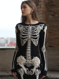 Comstylish Classy White Roses Skeleton Anatomy Cozy Knit Sweater Mini Dress