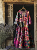 Women's Vintage Floral Print Flowy Cotton Crew Neck Dress