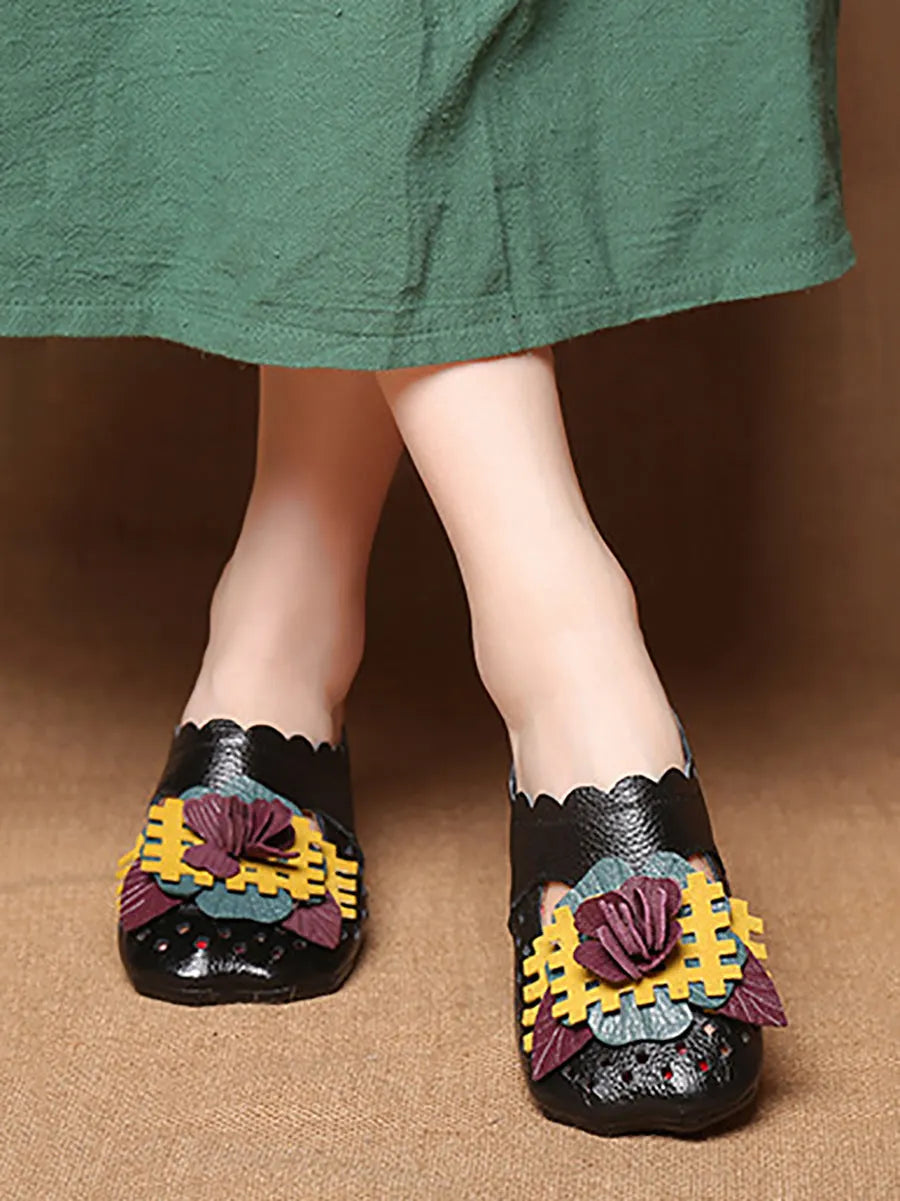Summer Leather Flower Spliced Low Heel Sandals Fd014