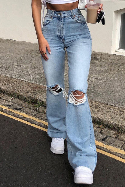 Ripped High Waist Straight Jeans(3 Colors)