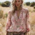 Bohemian Forest Farmhouse Retro Floral Printed Women's V-neck Cotton And Linen Top elevenforest
