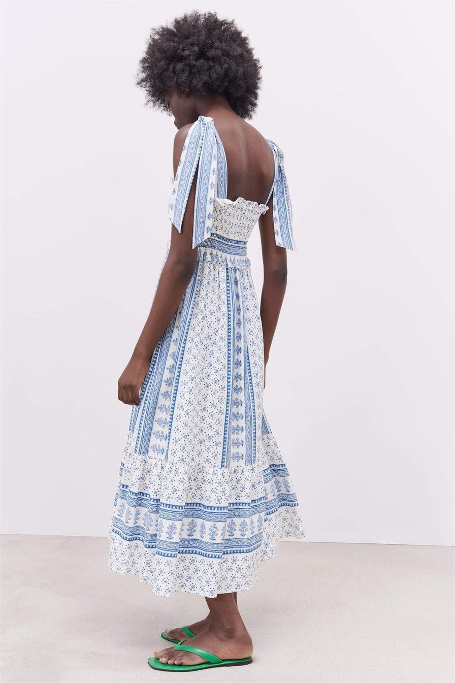 Lace Up Smocking Frill Midi Dress