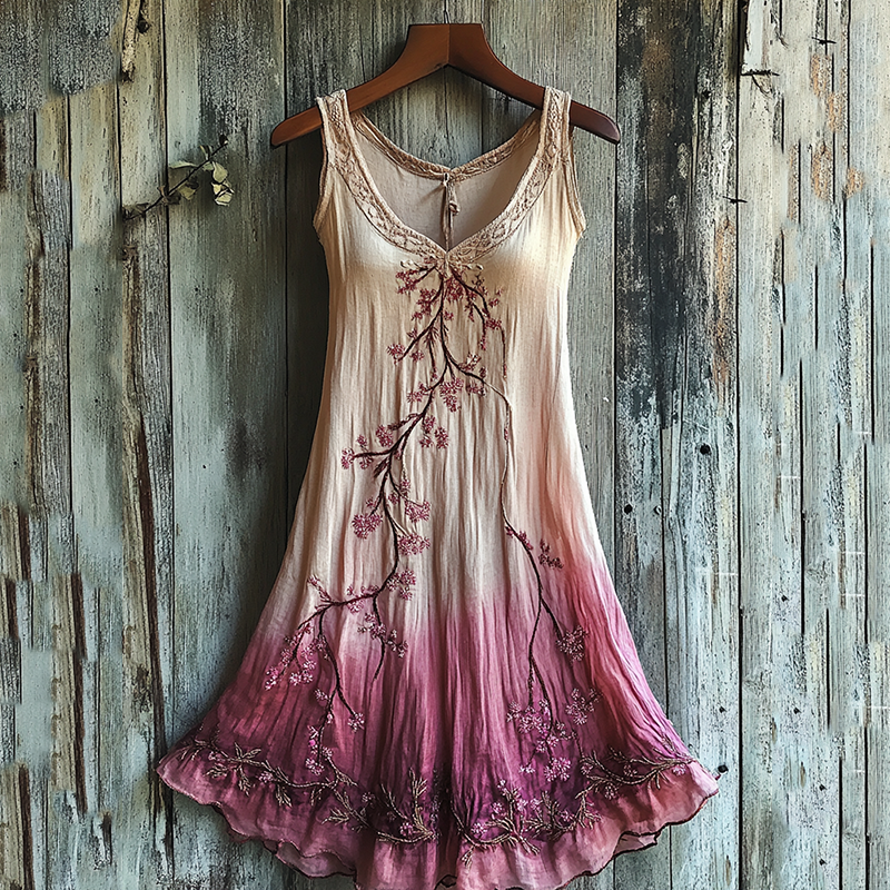 Vintage Celtic Knot With Cherry Blossoms Gradient Pattern Linen Tank Dress elevenforest