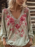 Bohemian Retro Plant And Flower Pattern Casual Cotton And Linen Long-sleeve Top elevenforest