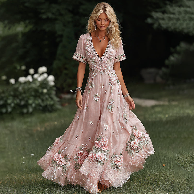 Women's Vacation Rose With Floral Print Short Sleeve Dress elevenforest