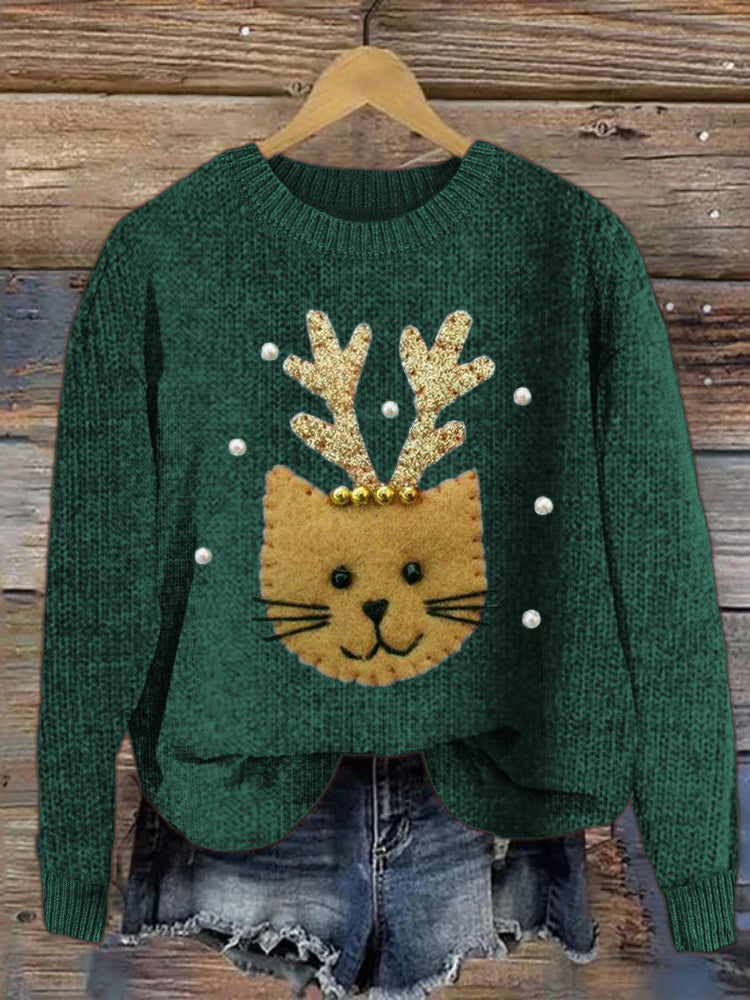Christmas Reindeer Cat Patch Cozy Knit Sweater elevenforest