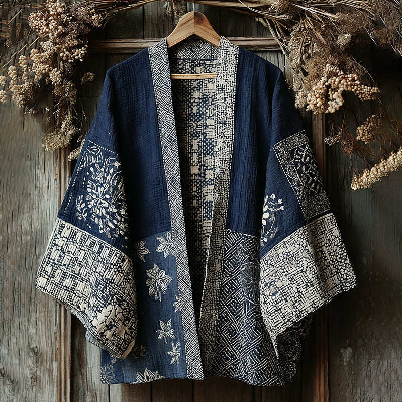 Retro Japanese Traditional Sashiko With Sakura Art Print Cotton And Linen Blend Kimono Cardigan elevenforest