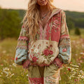 Women's Vintage Rose Floral Patchwork Crew Neck Casual Half Zip Sweatshirt elevenforest