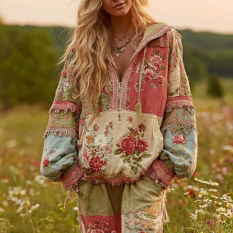 Women's Vintage Rose Floral Patchwork Crew Neck Casual Half Zip Sweatshirt elevenforest