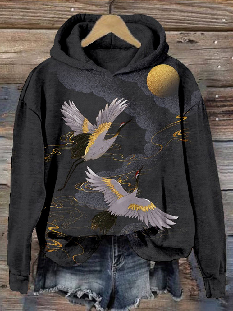 Japanese Cranes Flight to Golden Moon Art Comfy Hoodie elevenforest