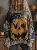 Halloween Pumpkin Face And Plant Flower Pattern Design Women's Round Neck Knit Sweater artswardrobe