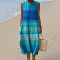 Women's Vintage Blue Gradient Art Print Casual Crew Neck Dress elevenforest