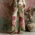 Vintage Floral Embroidered Art Print Linen Blend Pants elevenforest