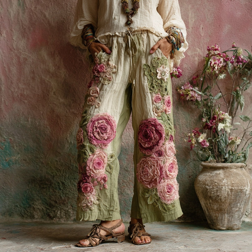 Vintage Floral Embroidered Art Print Linen Blend Pants elevenforest