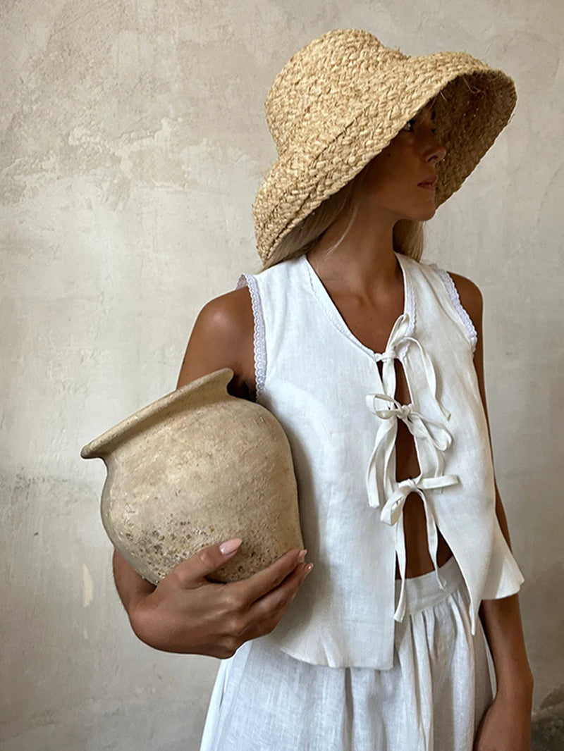 Cotton and Linen Lace-up Sleeveless Vest Suit