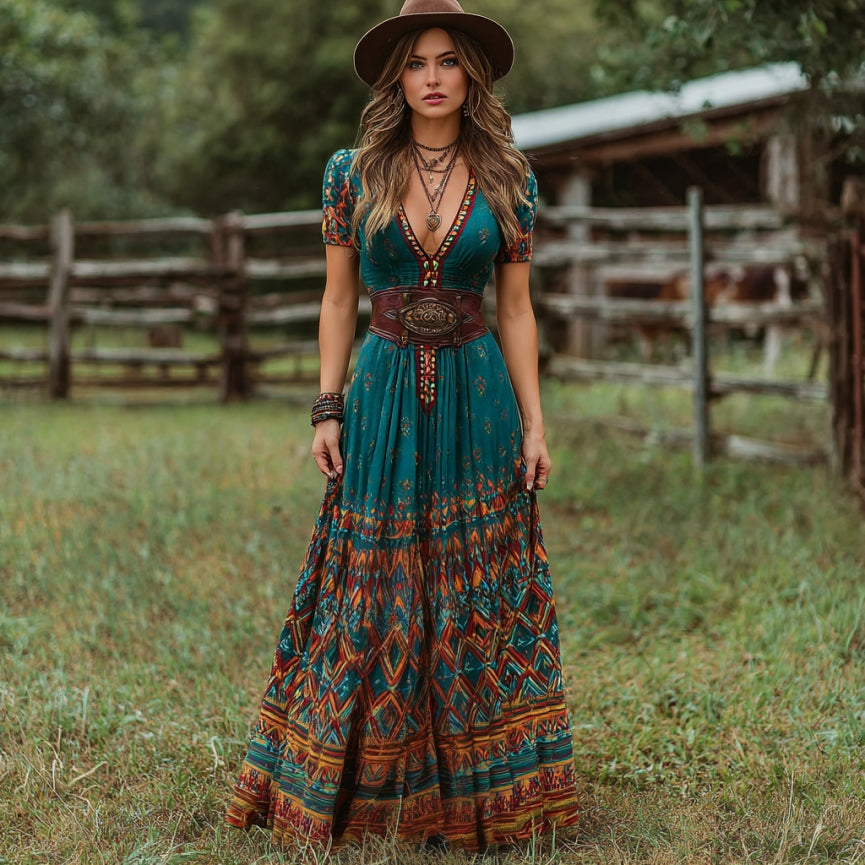 Women's Vintage Western Geometric Print V-neck Short Sleeve Maxi Dress elevenforest