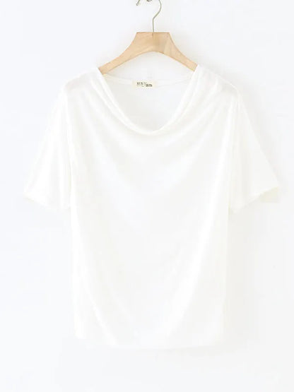 Short Sleeves Pleated Color Heaps Collar T-shirts Tops