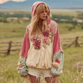 Women's Floral Embroidery Color Block Boho Casual Zip-up Hoodie elevenforest