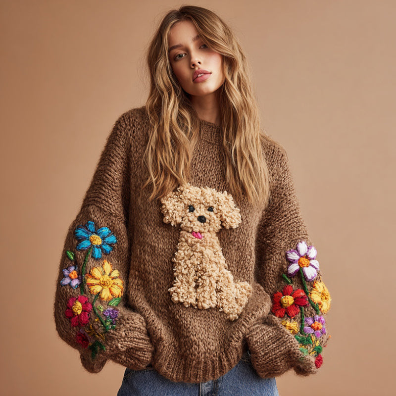 Comstylish Vintage Fuzzy Dog Colorful Wildflower Embroidery Crochet Cozy Knit Sweater
