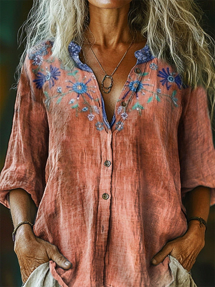 Women's Floral Pattern Art Print Casual Cotton Linen Shirt