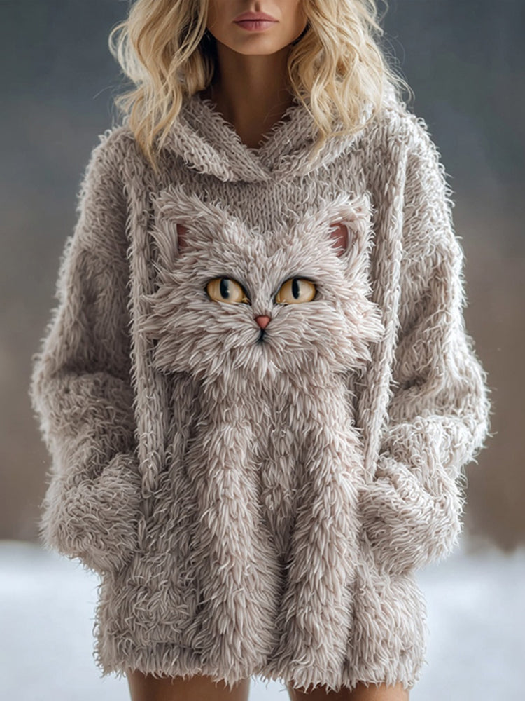 Comstylish Cute Fuzzy Cat Embroidered Soft Hooded Sweater