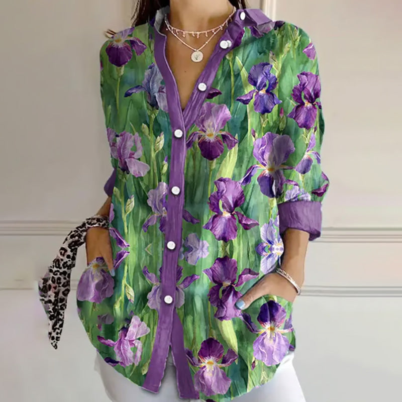 Women's Purple Floral Art Print Lapel Shirt elevenforest