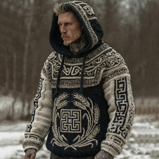 Men's Vintage Greek Key With Wheat Sheaf Art Pattern Casual  Cozy Knit Hooded Sweater elevenforest