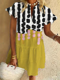Geometric art ruffle short-sleeved V-neck button dress holiday beach dress