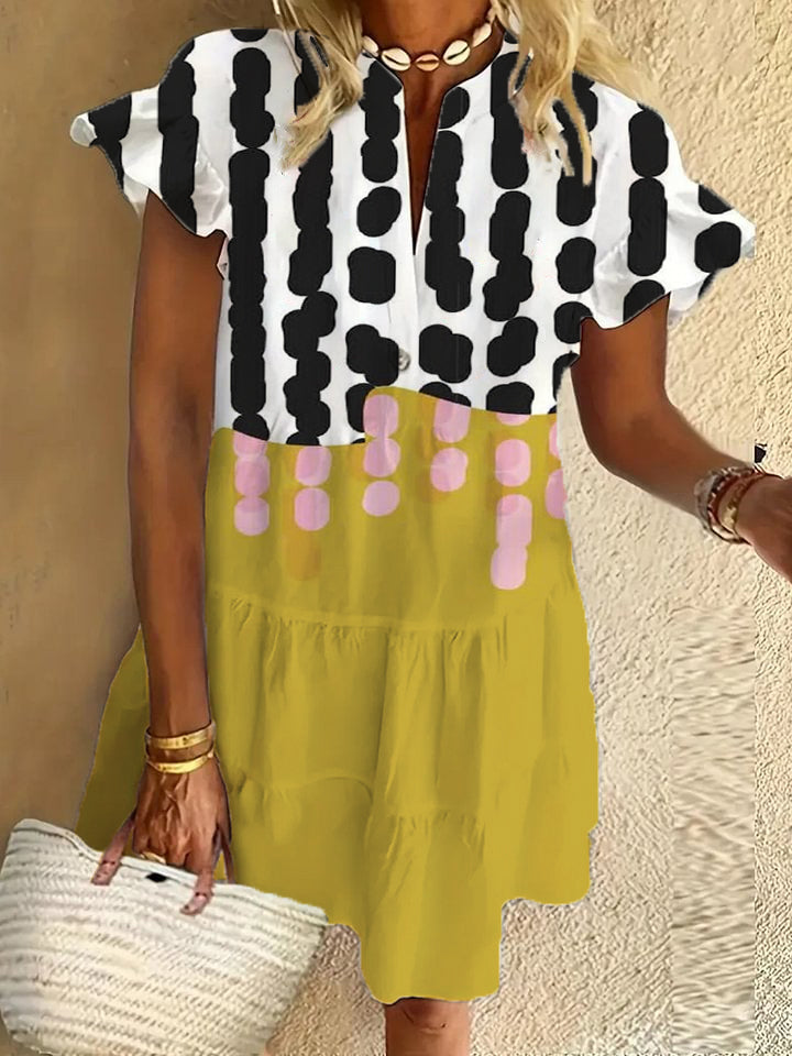 Geometric art ruffle short-sleeved V-neck button dress holiday beach dress