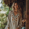 Vintage Embroidered Floral V-neck Linen Blend Blouse elevenforest