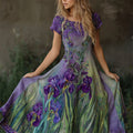 Oil Painting Purple Irises Embroidered Gradient Flowy Linen Maxi Dress elevenforest