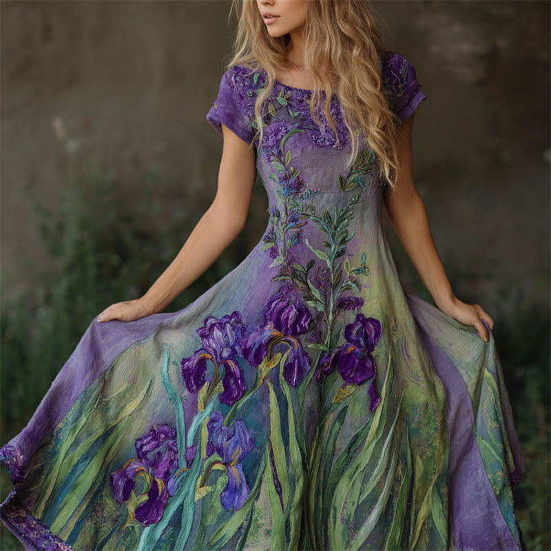 Oil Painting Purple Irises Embroidered Gradient Flowy Linen Maxi Dress elevenforest