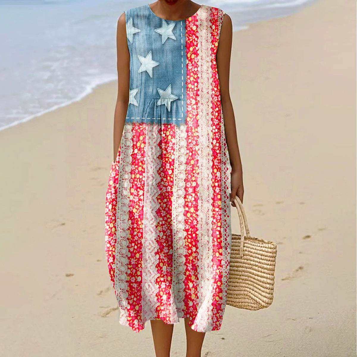 Vintage Independence Day Floral Art Linen Casual Tank Dress elevenforest