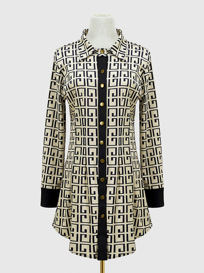 Long Sleeves Buttoned Contrast Color Printed Lapel Mini Dresses