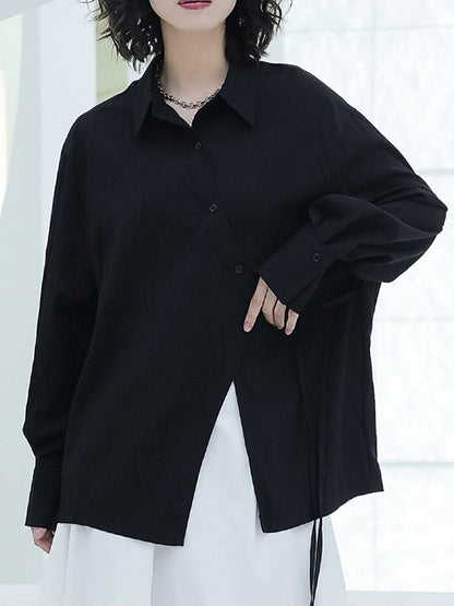 Loose Puff Sleeves Asymmetric Lace-up See-through Color Split-joint Lapel Blouses